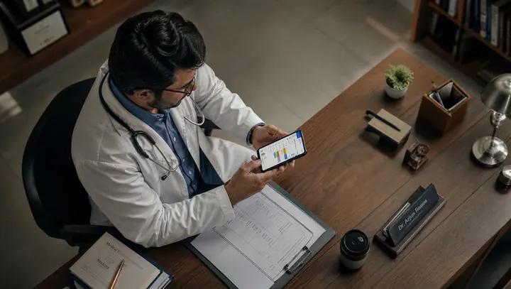 Doctor using a patient management app on a smartphone