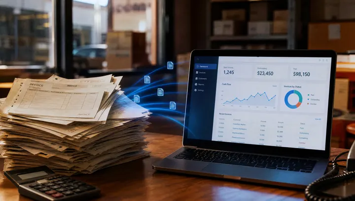 Paper invoices being digitized into an accounting dashboard